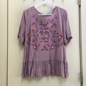 Purple Embroidered Peplum Top- Called to Surf